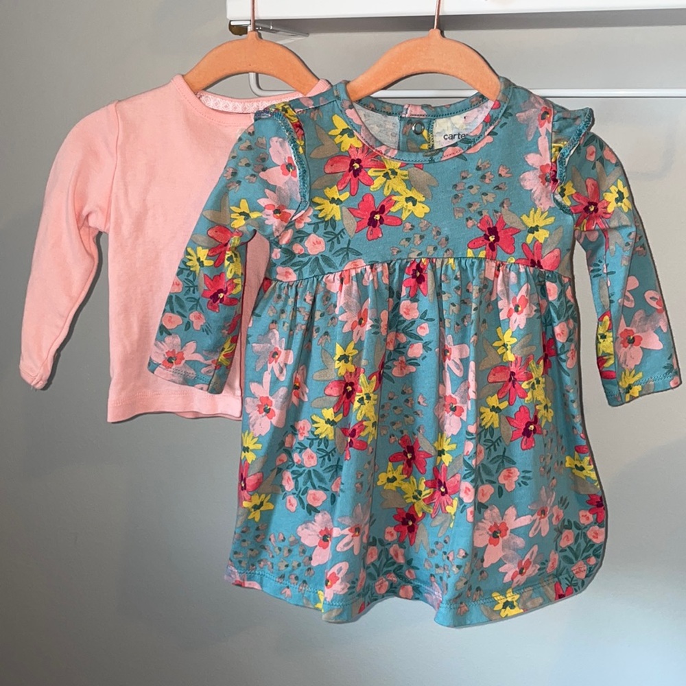 Carters Fall Floral Long Sleeve Dress & Pink Cardigan Sz 9 Months Ruffles